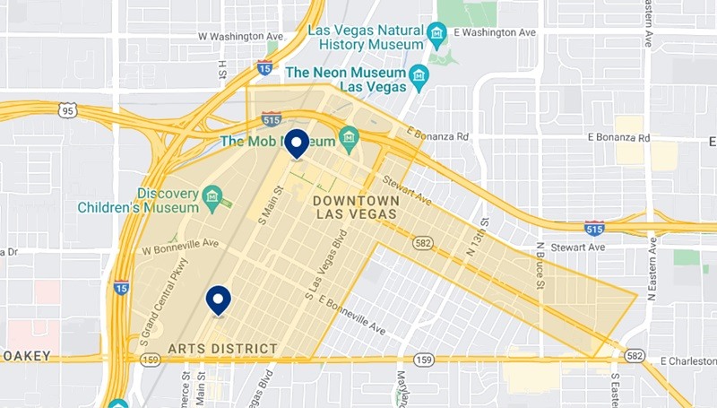 Mapa dos melhores hotéis em Downtown Las Vegas