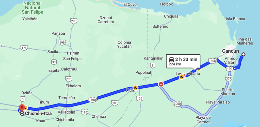 Mapa de península de Cancún até o Chichén-Izá