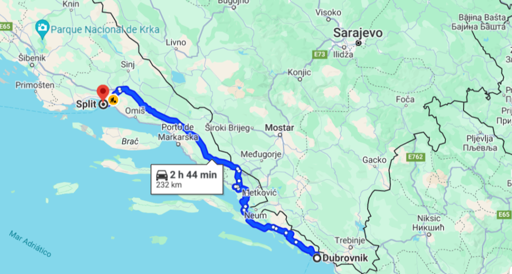 Mapa que mostra o trajeto de Dubrovnik a Split
