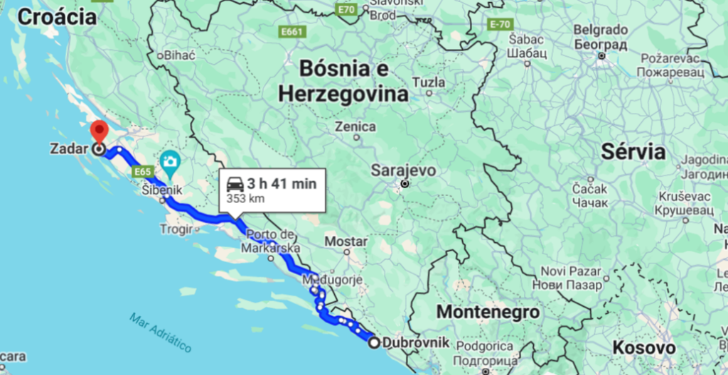 Mapa que mostra o trajeto de Dubrovnik a Zadar