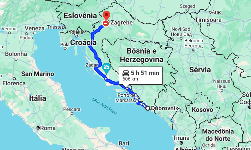Mapa que mostra o caminho de Dubrovnik a Zagreb