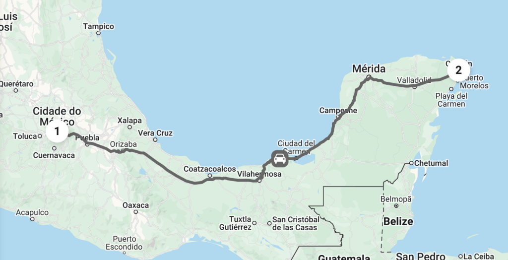 Roteiro de carro entre Cidade do México e Cancún