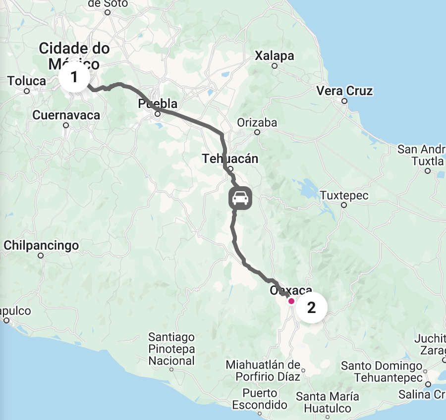 Rota de carro entre Cidade do México e Oaxaca