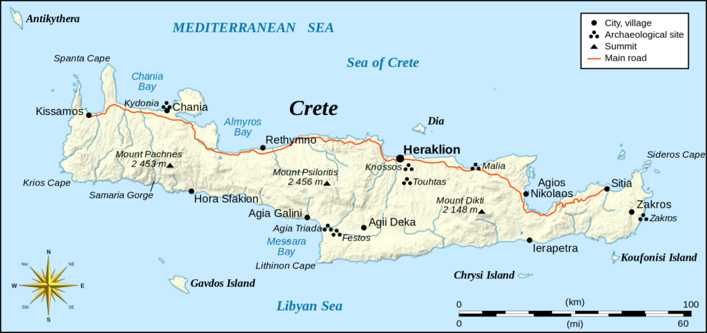 Mapa Turístico de Creta: regiões principais