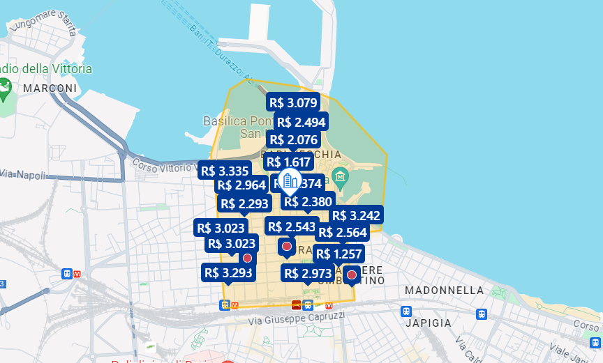 Mapa da melhor região para se hospedar em Bari