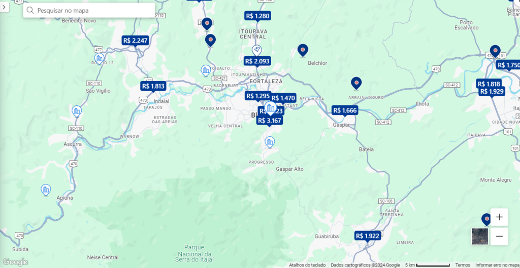 Mapa de hospedagem em Blumenau