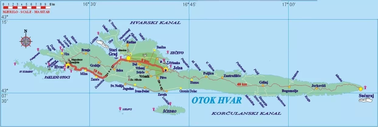 Mapa das praias de Hvar